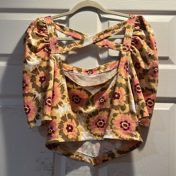 NEW! Free People Give Me More Floral Puff Sleeve Knit Top M Boho - Picture 7 of 8